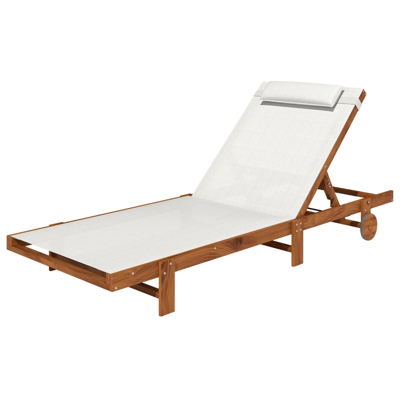 Outsunny Tumbona Reclinable de Madera con Ruedas Respaldo Ajustable y Cojín para Patio Terraza Balcón 200x84x101 cm Blanco y Teca