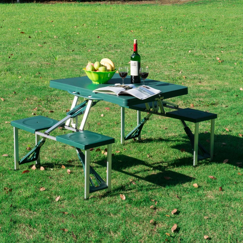 Outsunny Mesa de Acampamento Dobrável com 4 Cadeiras Conjunto para Acampamento com Orifício para Guarda Sol Estrutura de Alumínio 136x84,5x66 cm Verde