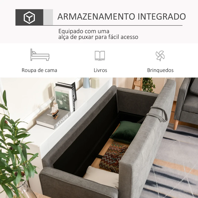 HOMCOM Sofá de 3 lugares acolchoado com 3 almofadas e apoios de braço Espaço de armazenamento Estilo moderno para sala de estar Quarto 166,5x62x82 cm cinza