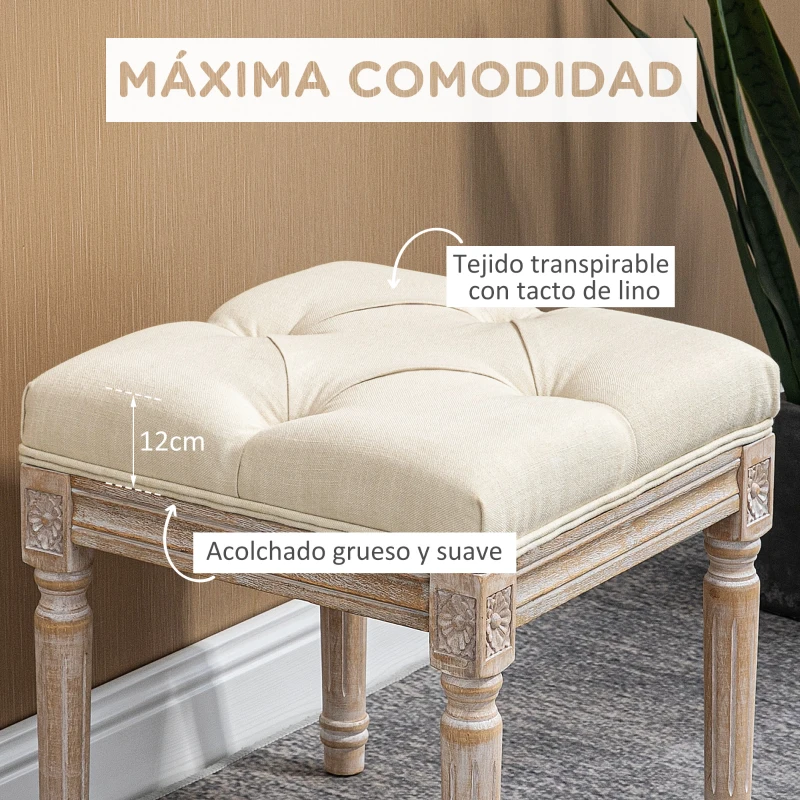 HOMCOM Reposapiés de Salón con Asiento Capitoné y Patas Talladas de Madera Estilo Vintage para Dormitorio 40x40x43 cm Beige