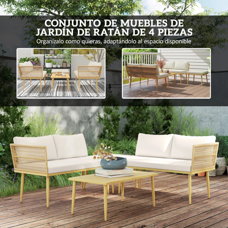 Outsunny Conjunto de Jardín de Ratán Sintético de 4 Piezas con Sofás Modulares Mesa Auxiliar y Cojines Natural