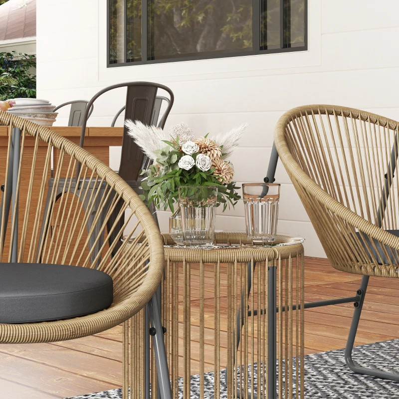 Outsunny Juego de 2 Sillas y Mesa de Ratán con Cojines Acolchados y Encimera de Vidrio para Balcón Terraza Natural