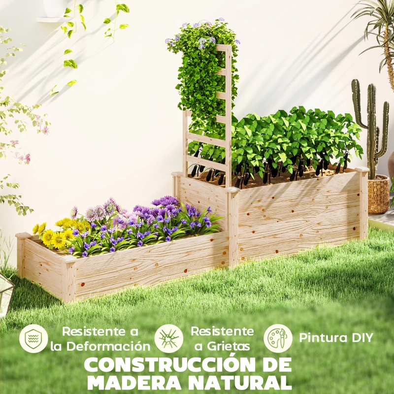Outsunny Jardinera Elevada con Celosía de Madera para Plantas Trepadoras y 2 Cajas de Cultivo  222x63x132 cm Natural