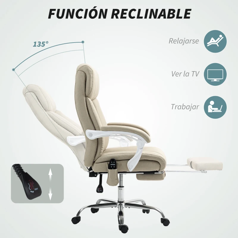 HOMCOM Silla de Oficina de Masaje con Calor con Respaldo Alto Reclinable Lumbar Reposapiés y Ruedas 66x70x112-120 cm Beige