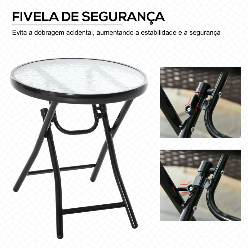 Outsunny Mesa dobrável redonda de vidro Mesa de jardim com fivela de segurança borda coberta de metal interno e externo Ø45x50 cm Preto