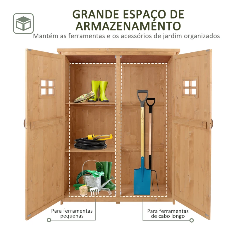 Outsunny Abrigo de Jardim para Ferramentas Armário de Madeira para Exterior com Prateleira Dupla Porta Janelas e Teto Asfáltico 127,5x50x164cm Madeira