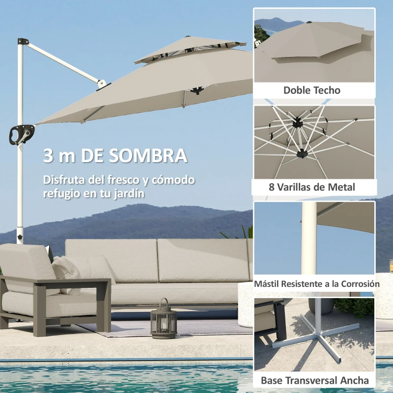 Outsunny Parasol Excéntrico Ø292 cm con Manivela Giro 360° Inclinación Ajustable Doble Techo y Base Cruzada Gris Claro