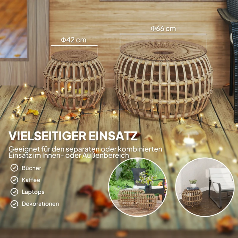 Outsunny 2er Set Beistelltisch Polyrattan Ø66/42 cm rund wetterfest Gartentisch mit Glasplatte Braun