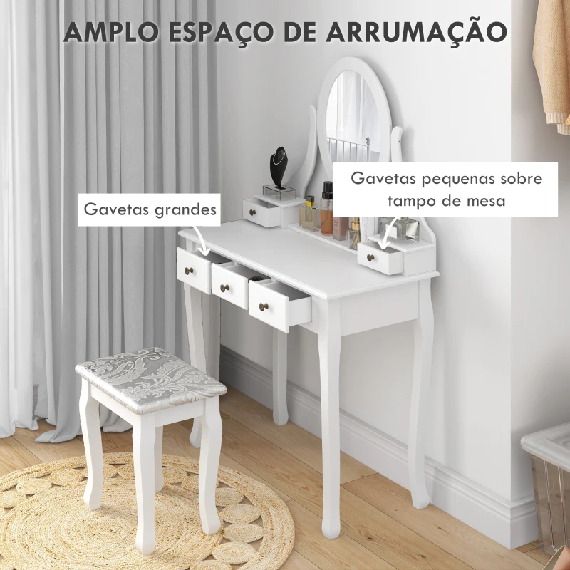 HOMCOM Toucador de Maquilhagem com Banco MDF e Madeira Maciça 80x40x140cm Branco