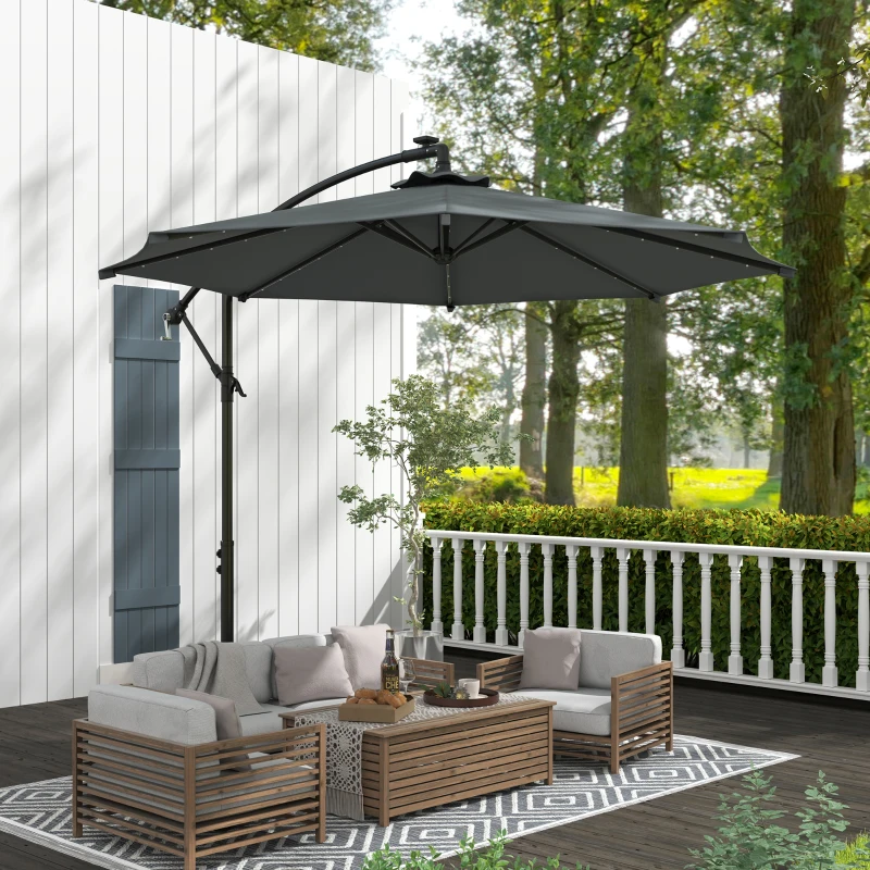Outsunny Parasol Excéntrico de Jardín con Luces Solares Manivela Ventilación Superior y Base Cruzada Ø294x242 cm Gris Oscuro