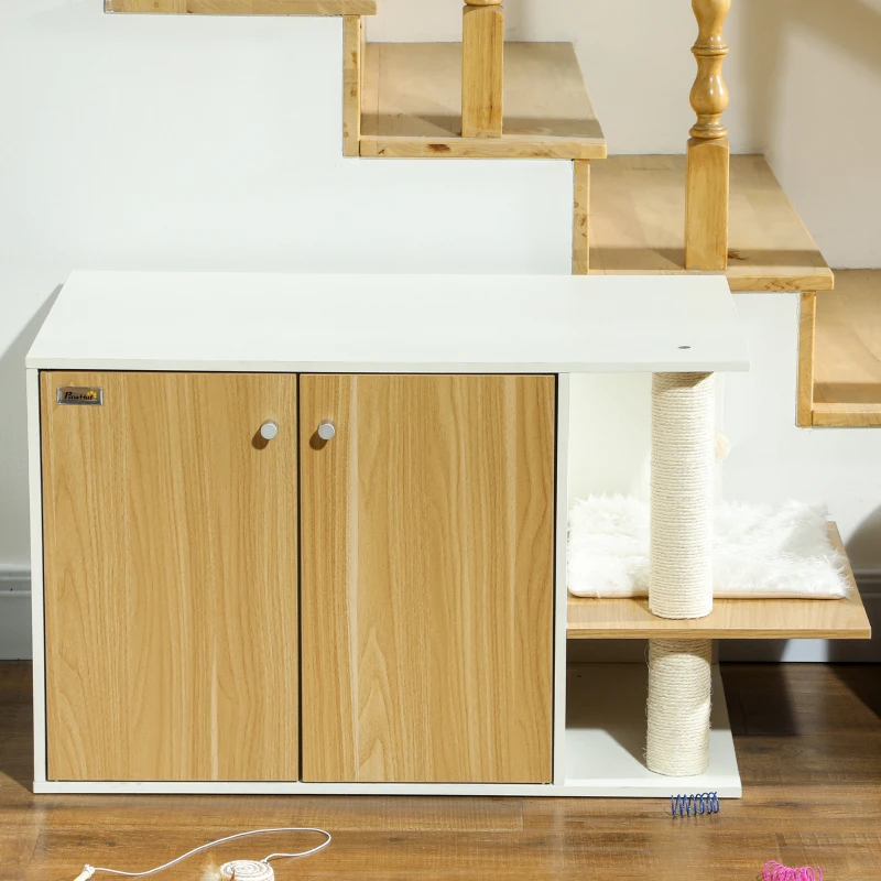 PawHut Mueble Arenero para Gatos con Centro de Juegos Cojín Pelota Puerta Lateral y Patas Antideslizantes 94x48x50,5cm Blanco