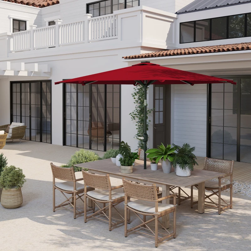 Outsunny Sombrilla de Jardín Ø292x252 cm con Luces LED Solares Inclinación Ajustable y Manivela para Patio Terraza Burdeos