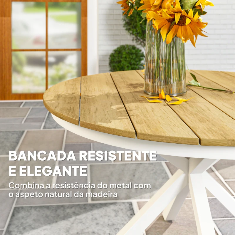 Outsunny Mesa de Jardim Redonda Mesa de Exterior Ø118x74 cm com Estrutura de Alumínio Pés Cruzados e Bancada em Ripas Madeira e Branco