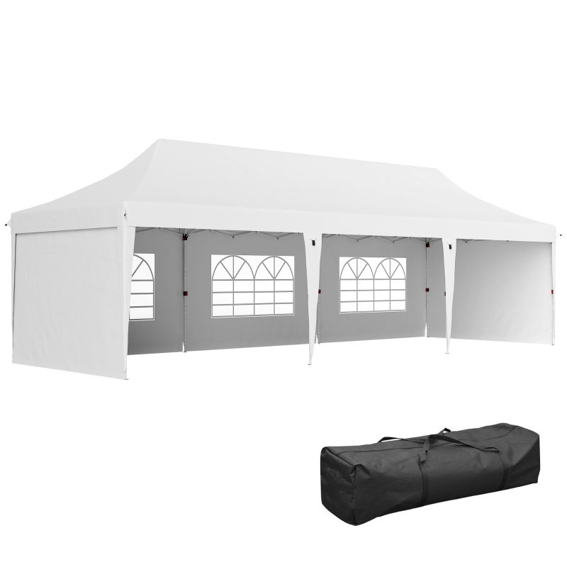Outsunny Carpa Plegable 9x3x3 m con Altura Ajustable Paredes Laterales Ventanas Protección UV50+ y Bolsa de Transporte Blanco