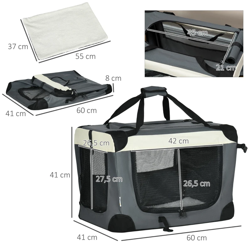 PawHut Transportín para Perros y Gatos Bolsa de Transporte para Mascotas Plegable con Cojín 60x41x41 cm Gris