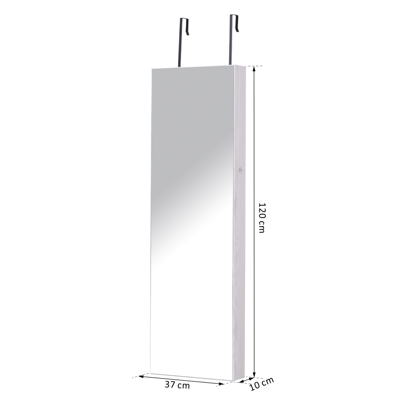 HOMCOM Espelho com Móvel de Bijuterias de Parede ou Porta Espelho de Parede com LED 5 Prateleiras 2 Gavetas pequenas e Fechadura 37x120x10cm Cinza Claro