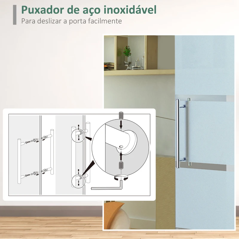 HOMCOM Porta de Correr de Vidro  Porta de Correr de Vidro com Trilho 102,5x205 cm Translúcida