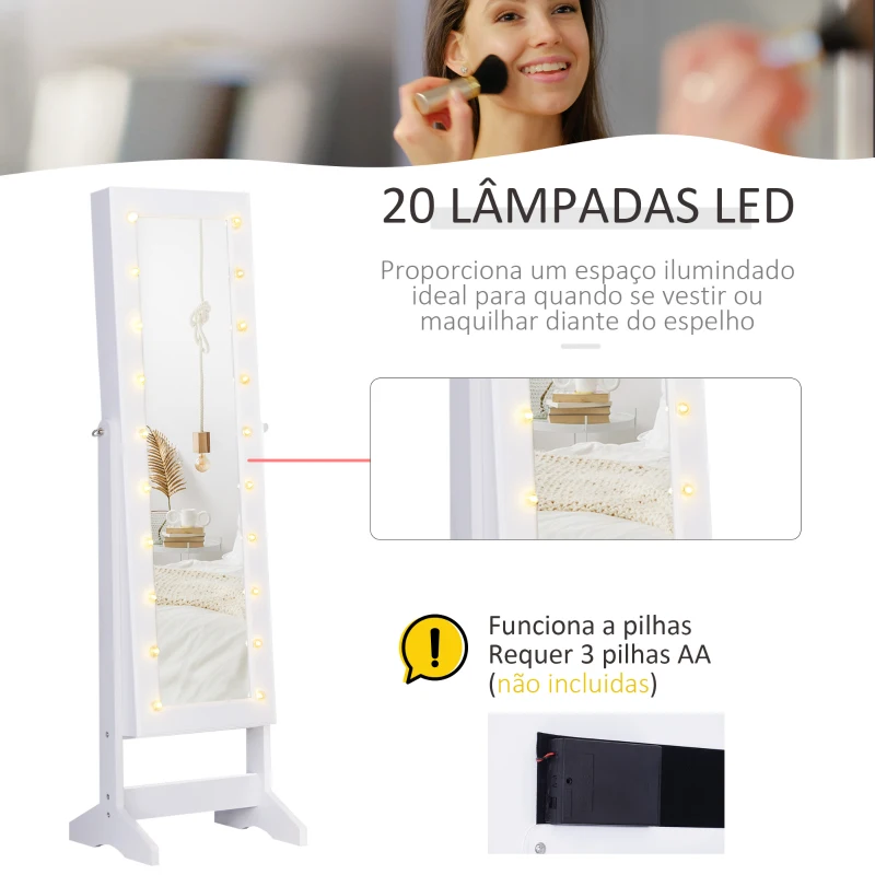 HOMCOM Armário para Joias 20 Luzes de LED Reclinável Fechadura Madeira 40x37x146cm Branco