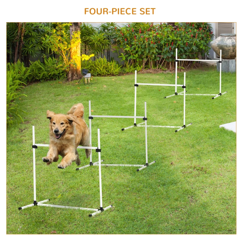PawHut 4 Pieces Dog Agility Training Equipment, Adjustable Height Jumps Hurdle with Carrying Bag for Outdoor, White