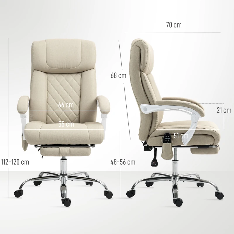 HOMCOM Silla de Oficina de Masaje con Calor con Respaldo Alto Reclinable Lumbar Reposapiés y Ruedas 66x70x112-120 cm Beige