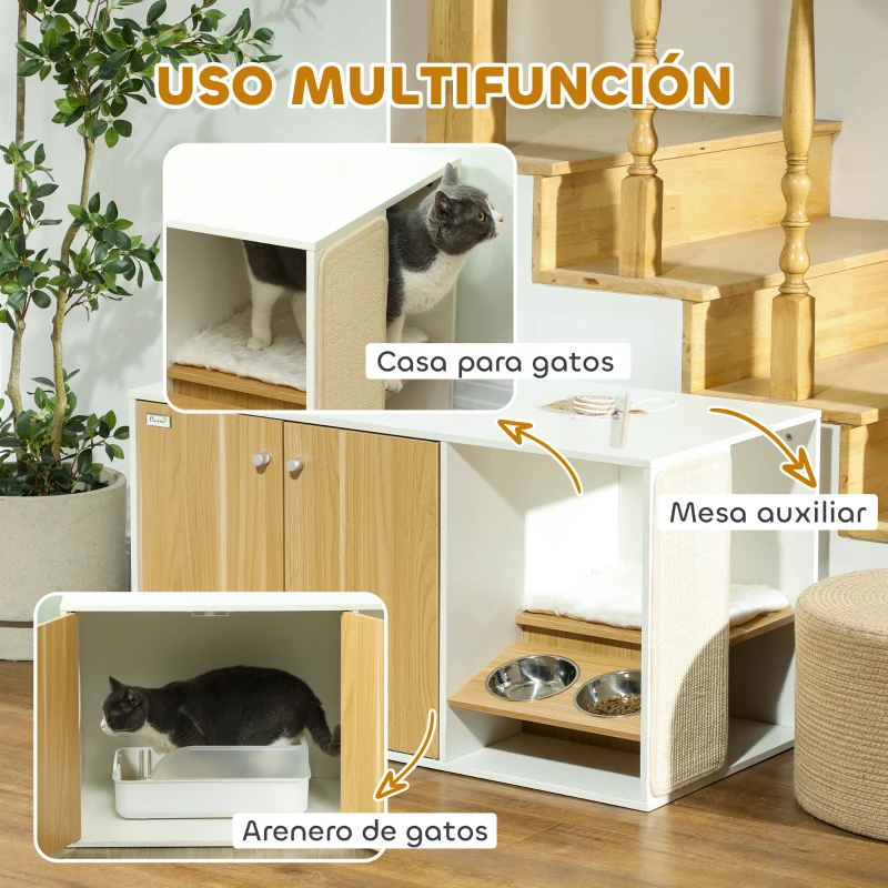 PawHut Mueble Arenero para Gatos 3 en 1 con Puertas Cojín Tazones y Estera para Rascar 95x48x50,5 cm Blanco y Roble