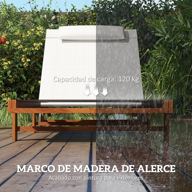 Outsunny Tumbona Reclinable de Madera con Ruedas Respaldo Ajustable y Cojín para Patio Terraza Balcón 200x84x101 cm Blanco y Teca