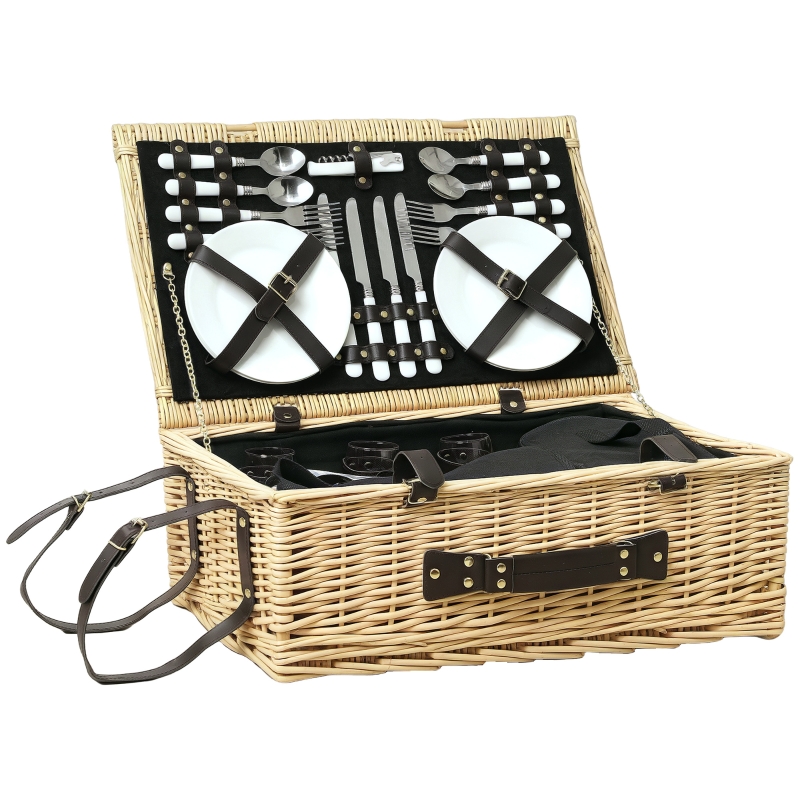 Cestino Da Picnic In Vimini Per 4 Persone - Con Area Frigo, Stoviglie Ceramica, Coperta, Dimensioni 54x34x20 Cm