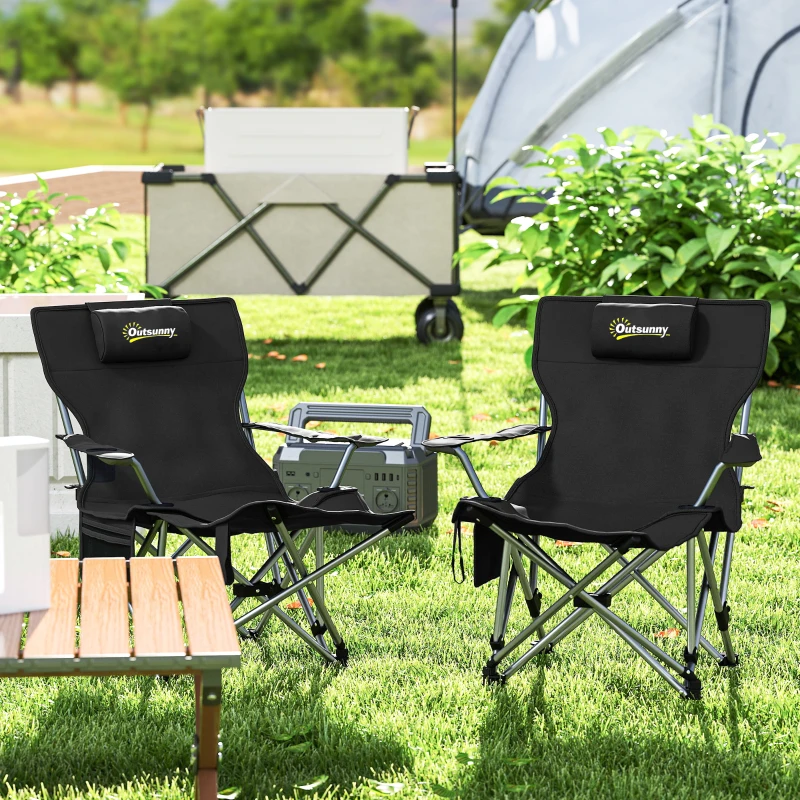 Outsunny 2er Set Campingstuhl faltbar Angelstuhl mit abnehmbar Fußstütze Kopfstütze Getränkehalter belastbar 120 kg Schwarz