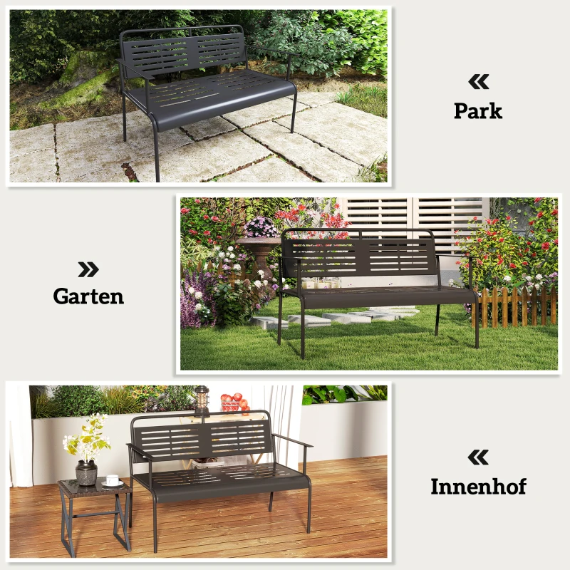 Outsunny -Sitzer Gartenbank, wetterfest Sitzbank, wasserabweisend Gartenmöbel mit Rücken- & Armlehnen 121 x 64 x 84cm, Schwarz(m-7)