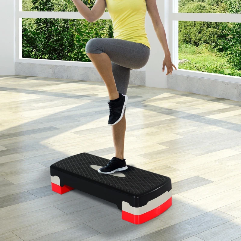 HOMCOM Step para Fitness Stepper Aeróbic Step de Aeróbic Antideslizante con Altura Regulable 2 Niveles de 10/15 cm Carga 150 kg para Ejercicio en Casa Gimnasio 68x29x15 cm Negro y Rojo