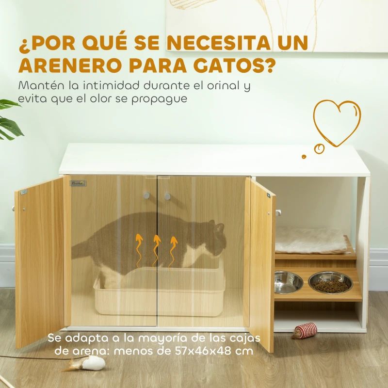 PawHut Mueble Arenero para Gatos 3 en 1 con Puertas Cojín Tazones y Estera para Rascar 95x48x50,5 cm Blanco y Roble