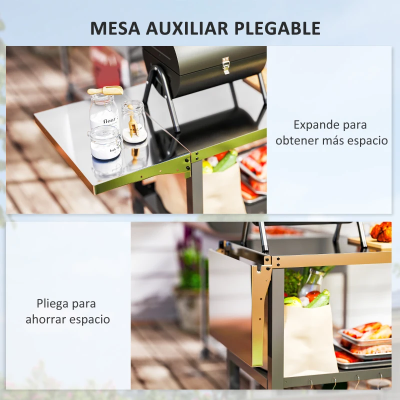 Outsunny Carrito de Parrilla para Jardín Carro de Servicio con Encimera Estantes Lateral Plegable y Ruedas 116x50x86 cm Negro
