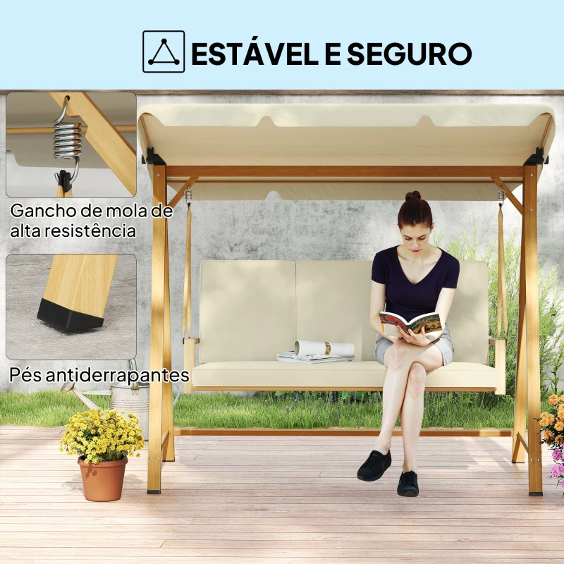 Outsunny Baloiço de Jardim de 3 Lugares com Toldo Ajustável Almofadas e Estrutura com Veios de Madeira 195x120x170 cm Madeira e Creme