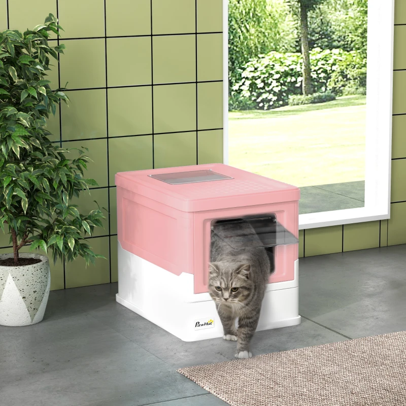 PawHut Arenero Cubierto para Gatos Desmontable con Entrada Frontal y Salida Superior con Pala 47,5x35,5x36,7 cm Rosa y Blanco