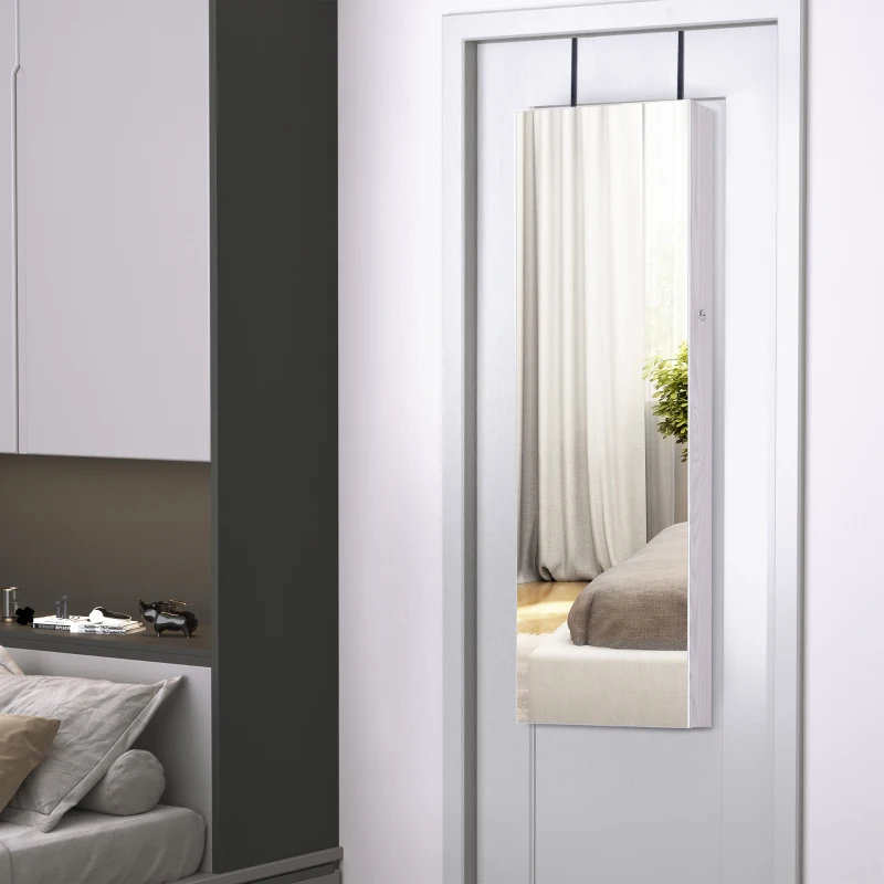 HOMCOM Espelho com Móvel de Bijuterias de Parede ou Porta Espelho de Parede com LED 5 Prateleiras 2 Gavetas pequenas e Fechadura 37x120x10cm Cinza Claro