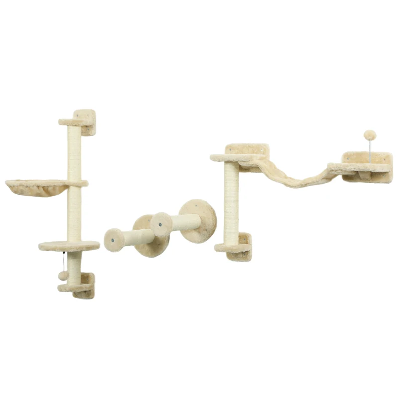 PawHut Juego de Escalada para Gatos de Pared 4 Piezas con Hamaca Bola Plataformas 84,5x19x54 cm Beige