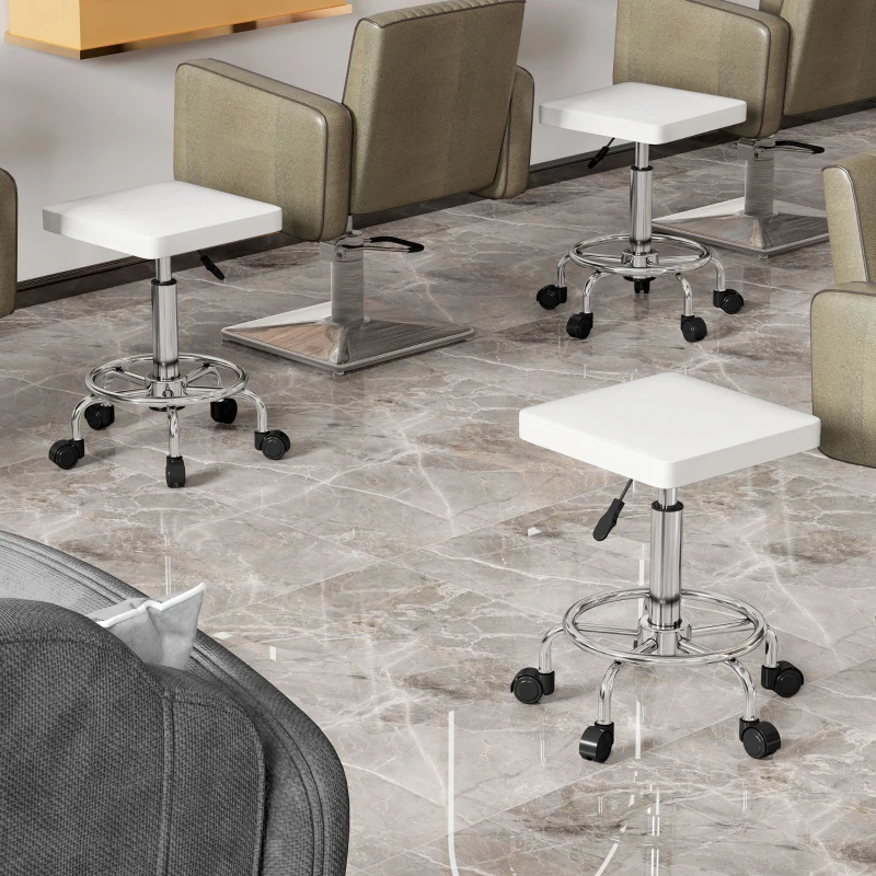 HOMCOM Taburete Giratorio Ajustable Con Asiento Acolchado Reposapiés y Ruedas para Salones y Talleres 34x34x50-66 cm Blanco