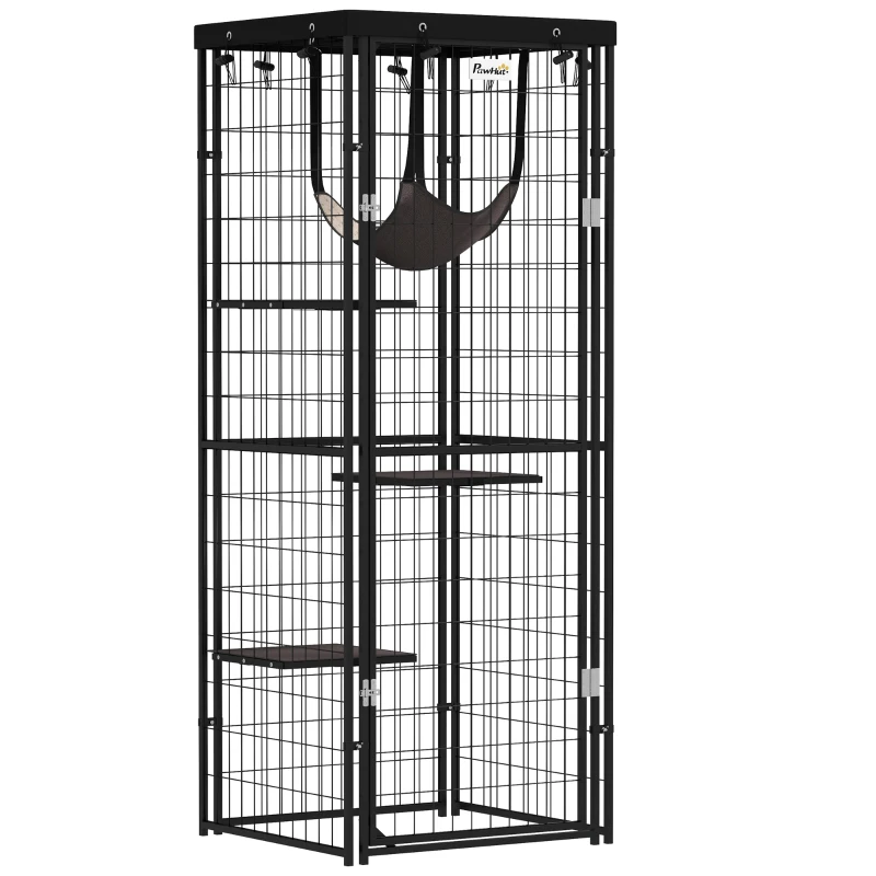 PawHut Jaula para Gatos Exterior e Interior Metálica con Cubierta Impermeable Perchas Hamaca y Puerta 61,5x55x157 cm Negro