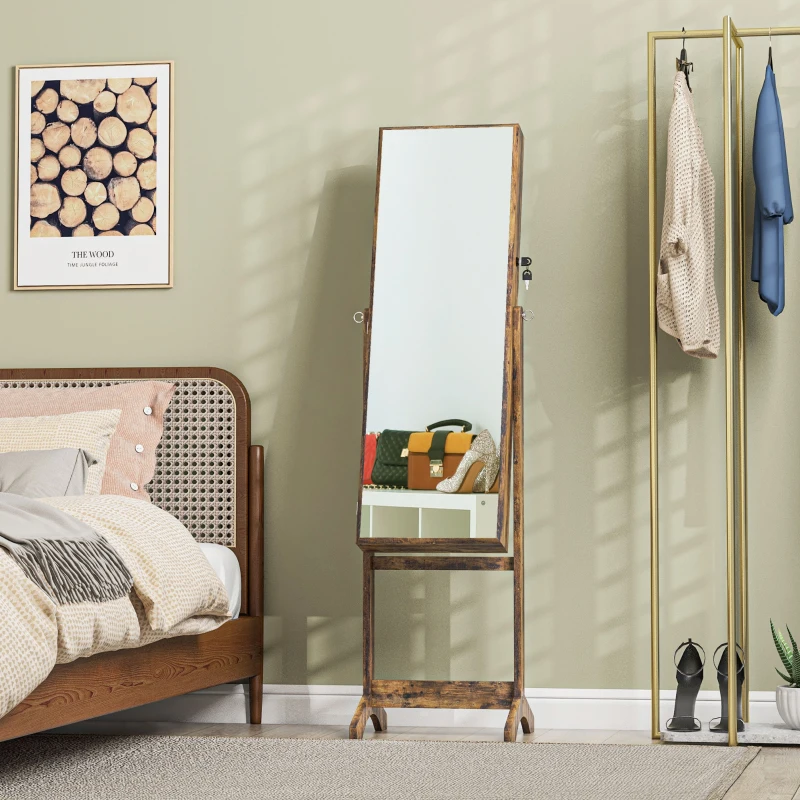 HOMCOM Espejo Joyero de Pie con Ángulo Ajustable y Ranuras para Pendientes Anillos y Collares 46x36,5x151,5 cm Marrón Rústico
