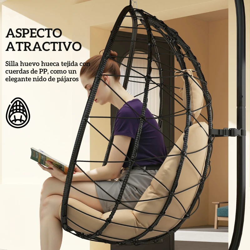 Outsunny Silla Colgante Huevo con Soporte con Cesta Plegable Cojín y Reposacabezas para Interior y Exterior Carga 120 kg Caqui