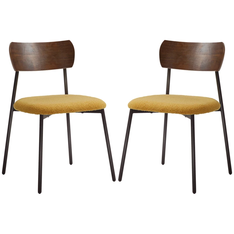 HOMCOM Juego de 2 sillas de comedor con asiento tipo peluche respaldo curvo de efecto madera interior amarillo