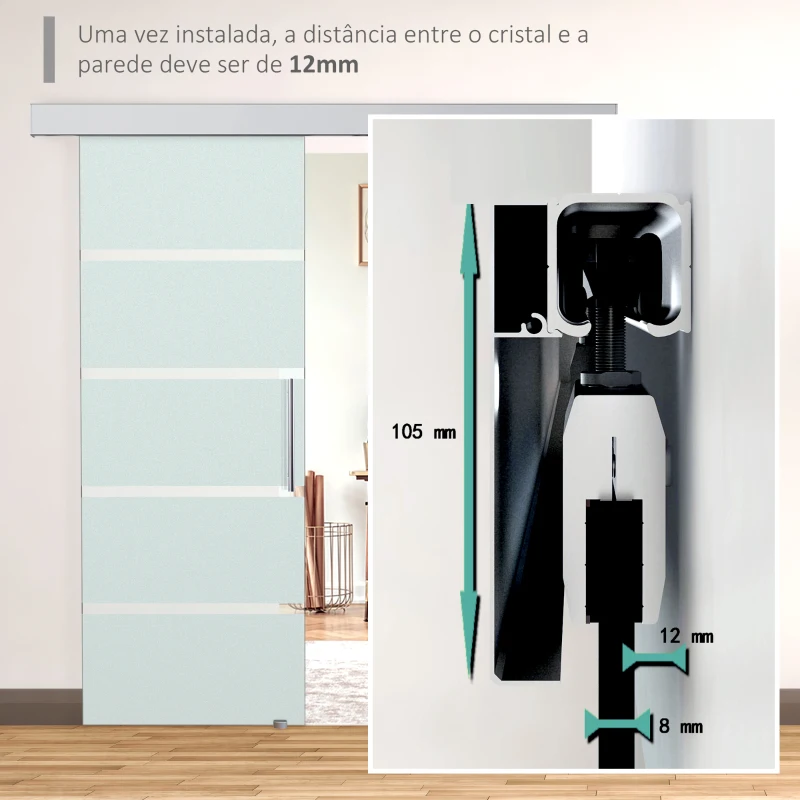 HOMCOM Porta de Correr de Vidro 77,5x205 cm Porta de Correr de Vidro com Trilho Translúcida