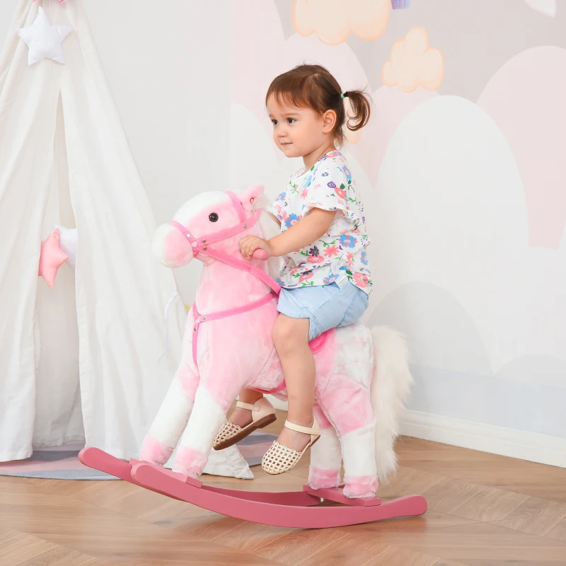 HOMCOM Cavalo Baloiço de Pelúcia para Crianças entre 3-6 Anos com Sons de Relincho 74x28x65 cm Rosa