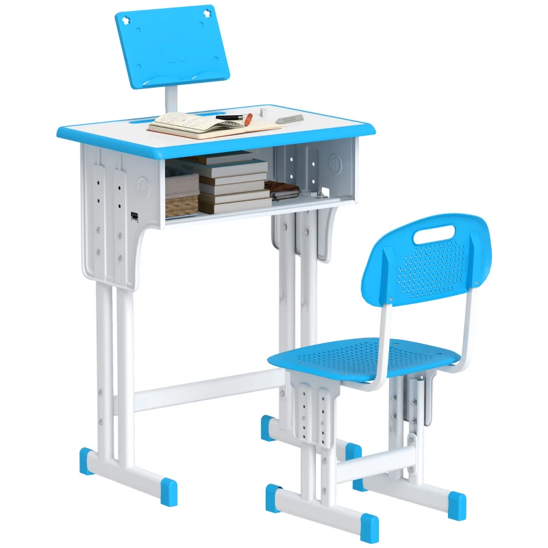 HOMCOM Juego de Escritorio y Silla Infantil de +6 Años Altura Ajustable con 1 Cajón y Estante para Libros 60x45x90-102 cm Azul