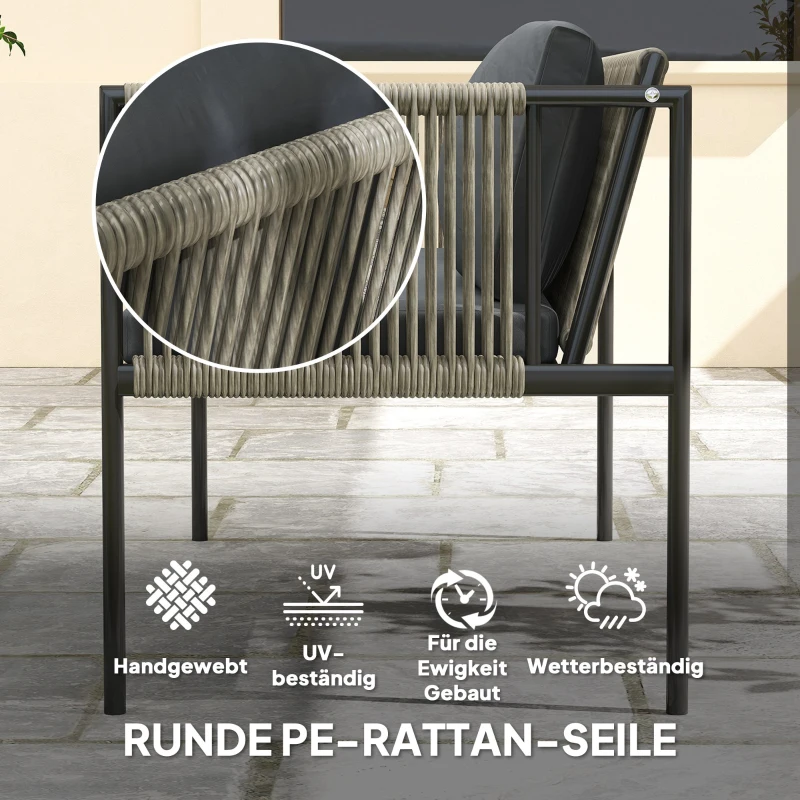 Outsunny 4-elementowy zestaw mebli ogrodowych: 1 sofa, 2 fotele, 1 stolik z blatem szklanym, poduszki, stelaż stalowy, rattan syntetyczny, Szary