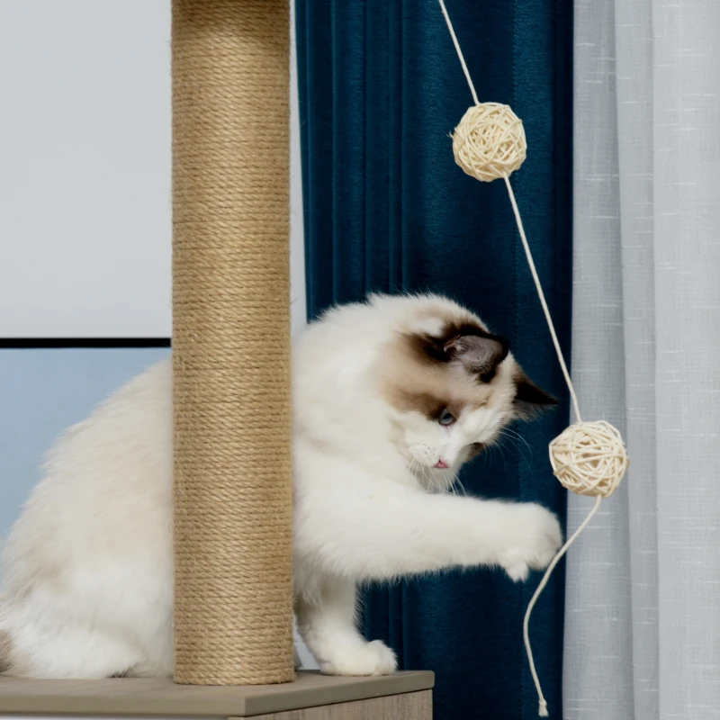 PawHut Árvore Arranhador de escalada para gatos Altura de 177 cm com Plataformas Cavernas Almofada macia brinquedo de suspensão Postes de juta Branco e cinza claro