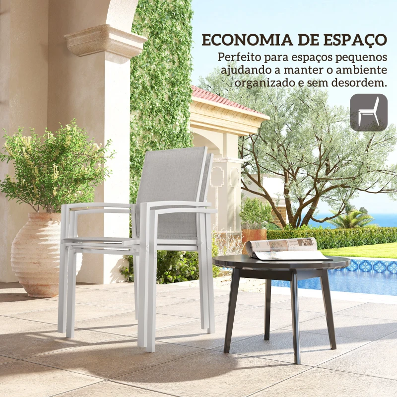 Outsunny Conjunto de 2 Cadeiras de Jardim Empilháveis com Tecido Transpirável e Estrutura em Aço 56x58x89 cm Branco e Cinzento