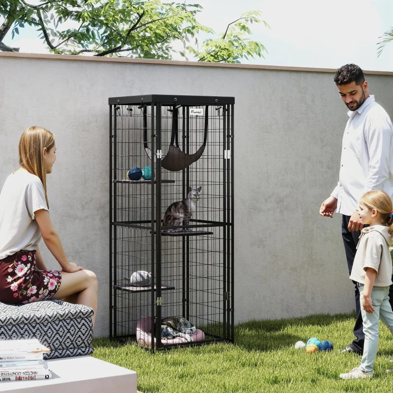 PawHut Jaula para Gatos Exterior e Interior Metálica con Cubierta Impermeable Perchas Hamaca y Puerta 61,5x55x157 cm Negro