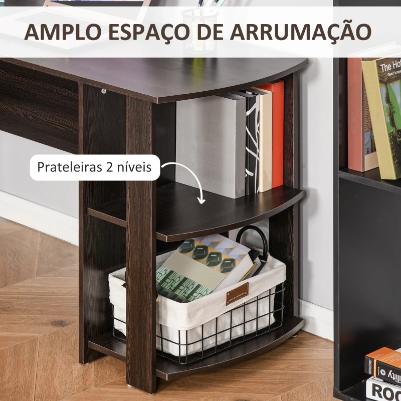 HOMCOM Secretária de Canto Mesa de Computador para Escritório Casa em Forma de L com Prateleiras 136x130x72 cm Marrom Escuro