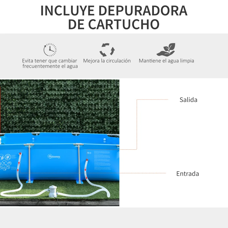 Outsunny Piscina Desmontable Tubular 292x190x75 cm con Depuradora de Cartucho 1200L/H Piscina Rectangular de Exterior para Adultos y Niños 3600L Azul